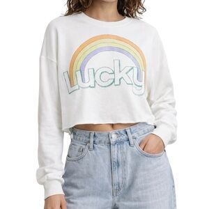 Grayson Threads Lucky Rainbow Cropped Sweatshirt Raw Hem White M
